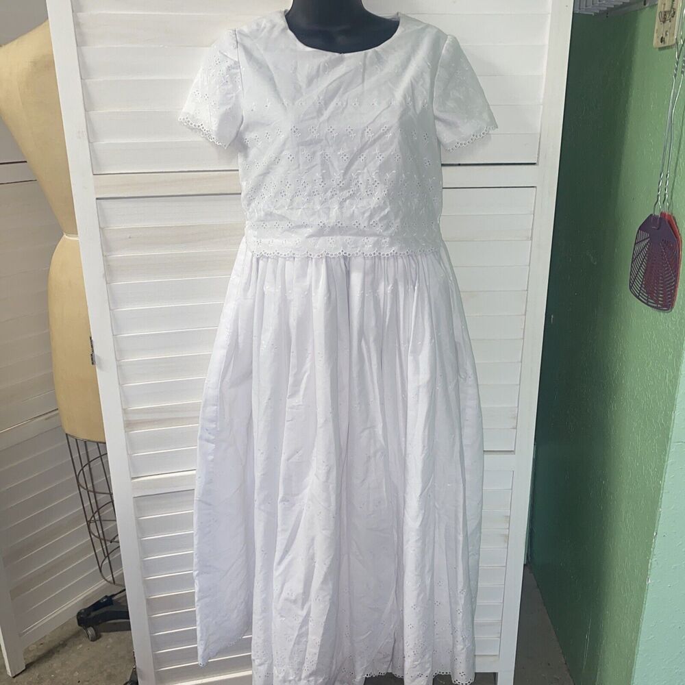 70s 80s Handmade White Cotton Eyelet Dress Size S Women’s Cottagecore Prairie
